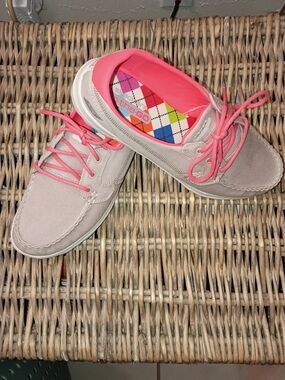 Skechers Taupe Moccasins with Bright Pink Accents